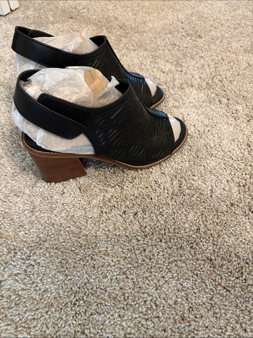 Earth Black Perforated Slingback Block Heel Sandals with Brown Heel